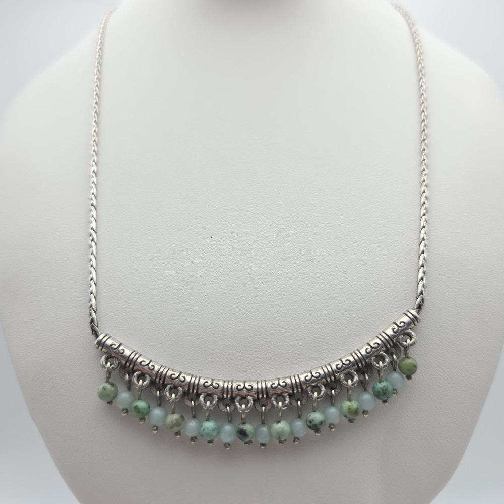 BRIGHTON 'Figaro' Necklace Blue Multi Bead Silver Plated Wheat Chain 18"‎